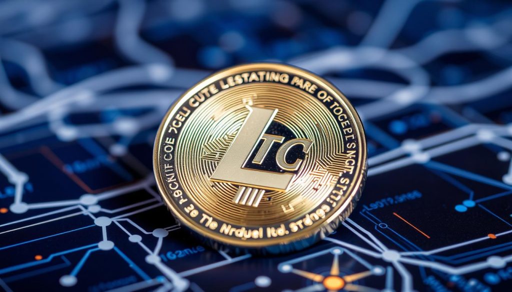 Монета Litecoin (LTC) на фоне цифровой графики